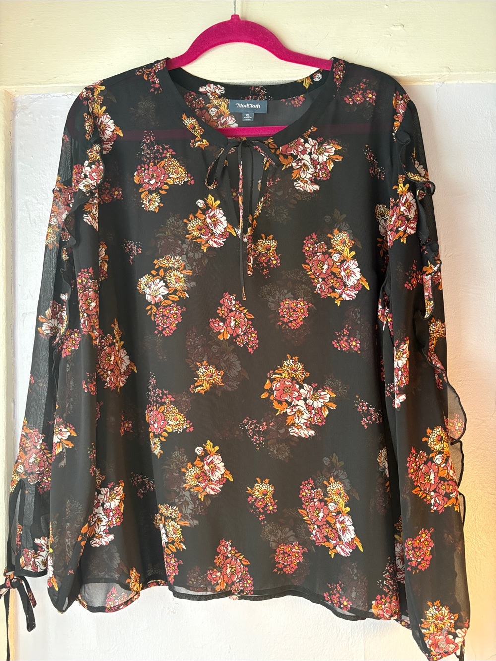 Modcloth Black Floral Tie-Neck Sheer Blouse